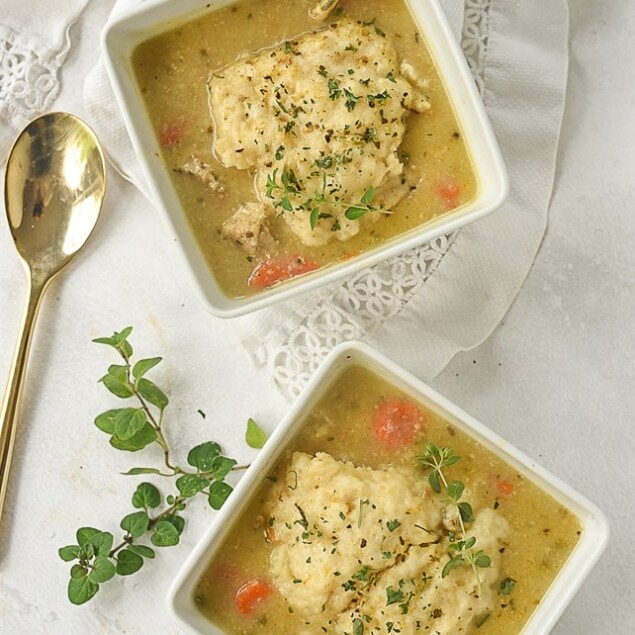 overhead shot of chicken and dumplings