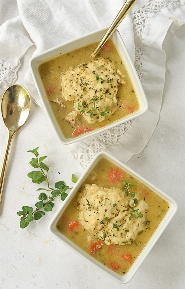 overhead shot of chicken and dumplings