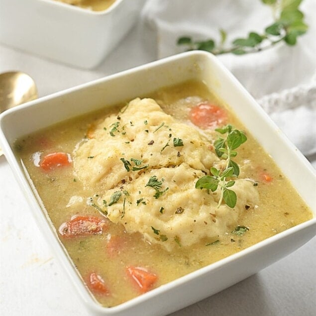 bowl of chicken and dumplings