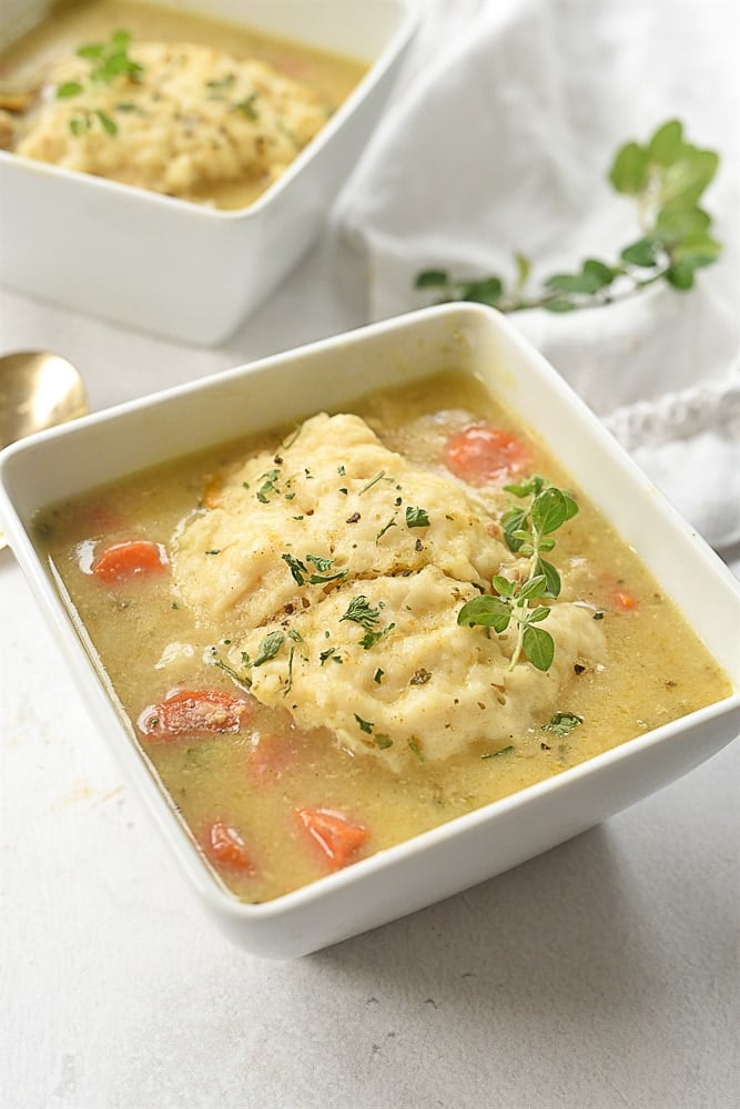 bowl of chicken and dumplings