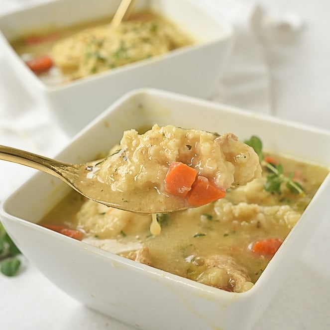 bowl of instant pot chicken and dumplings