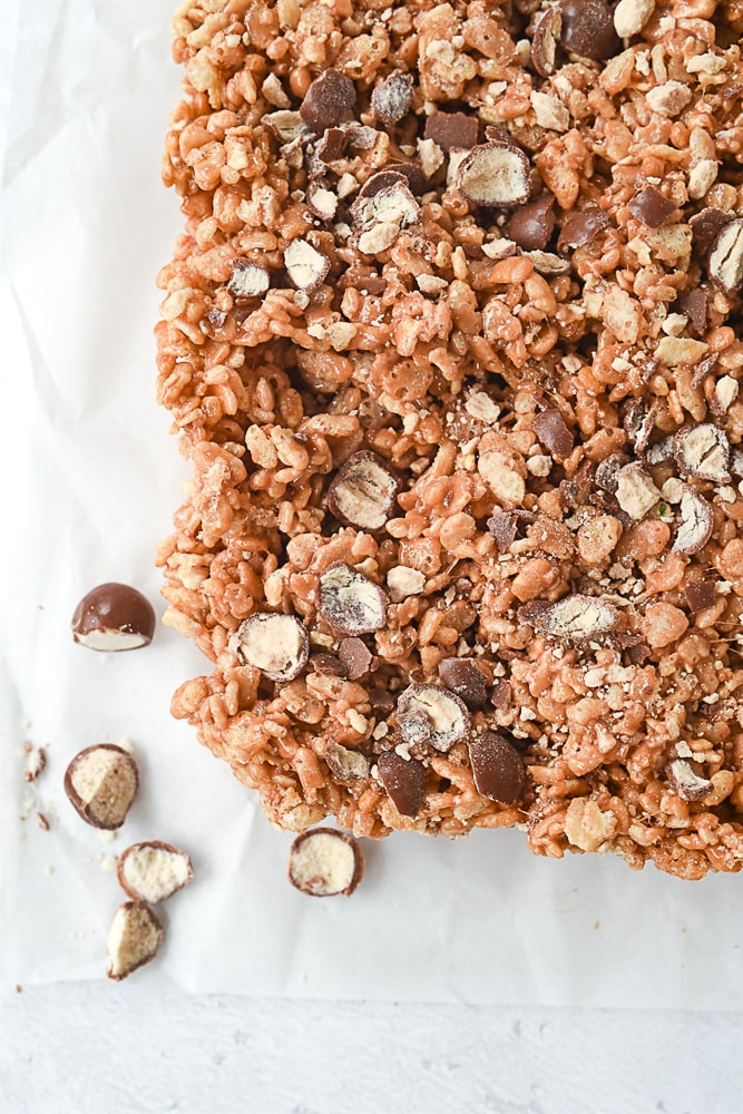 overhead shot of malted milk ball rice krispie treats