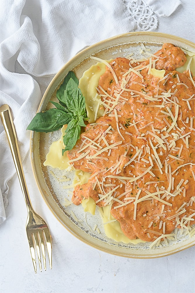 plate of roasted red pepper cream sauce