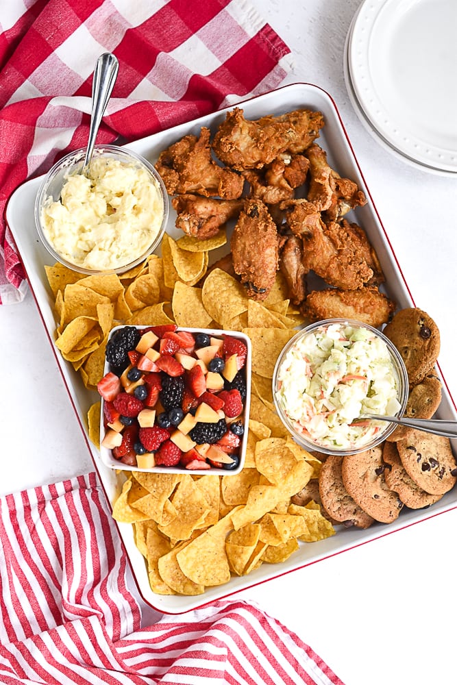 overhead shot of tailgate snacks