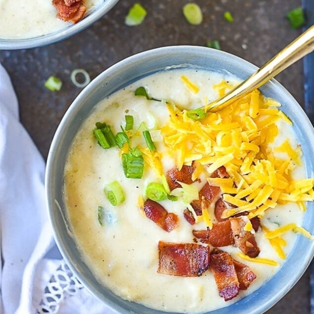 overhead shot of bowl of potato soup