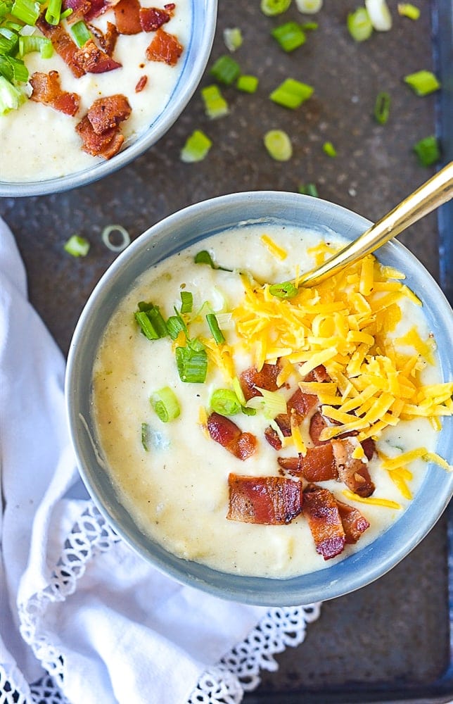 overhead shot of bowl of potato soup