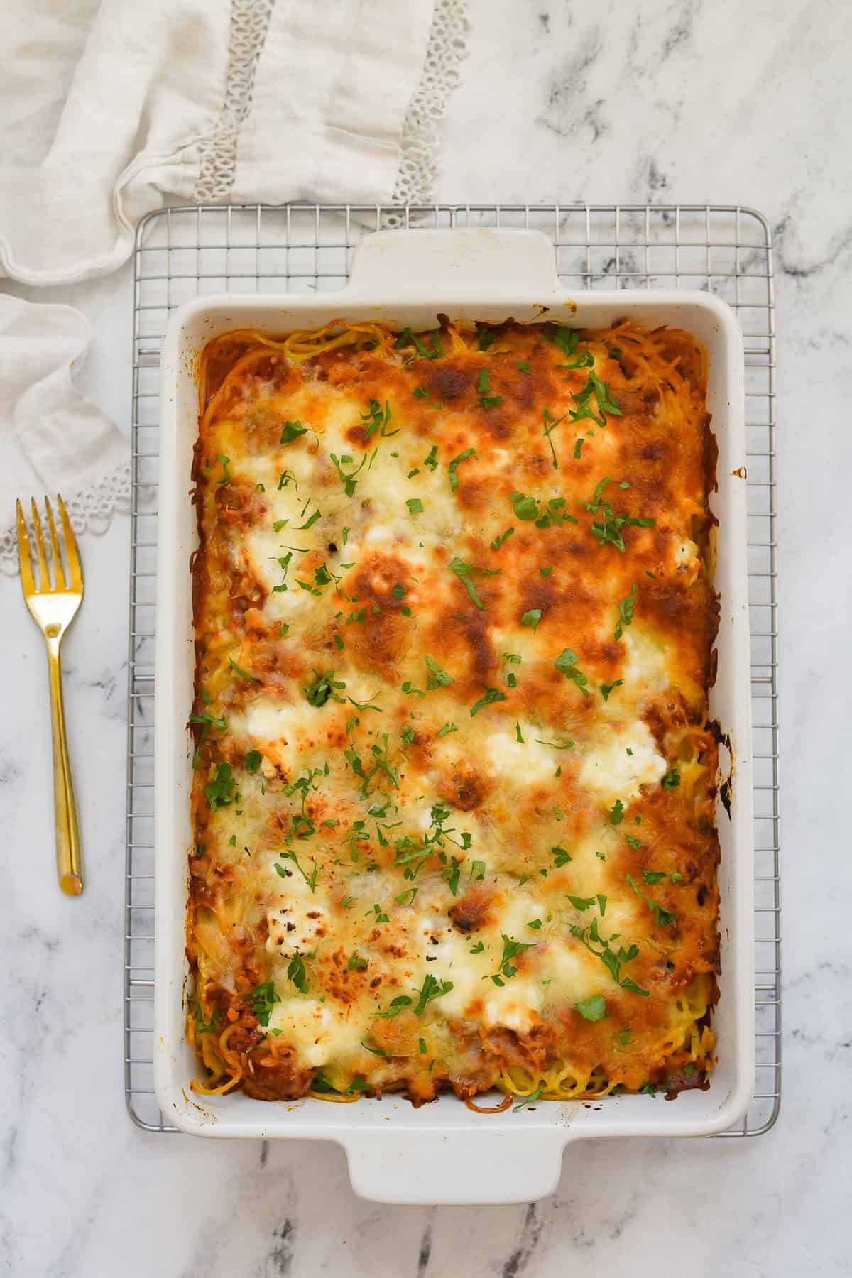 overhead shot of baked spaghetti