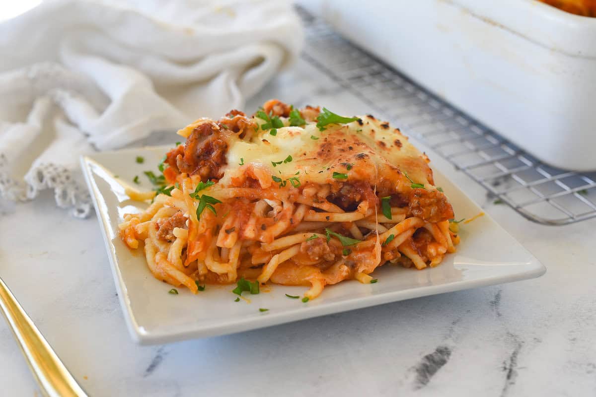 piece of baked spaghetti on a plate.