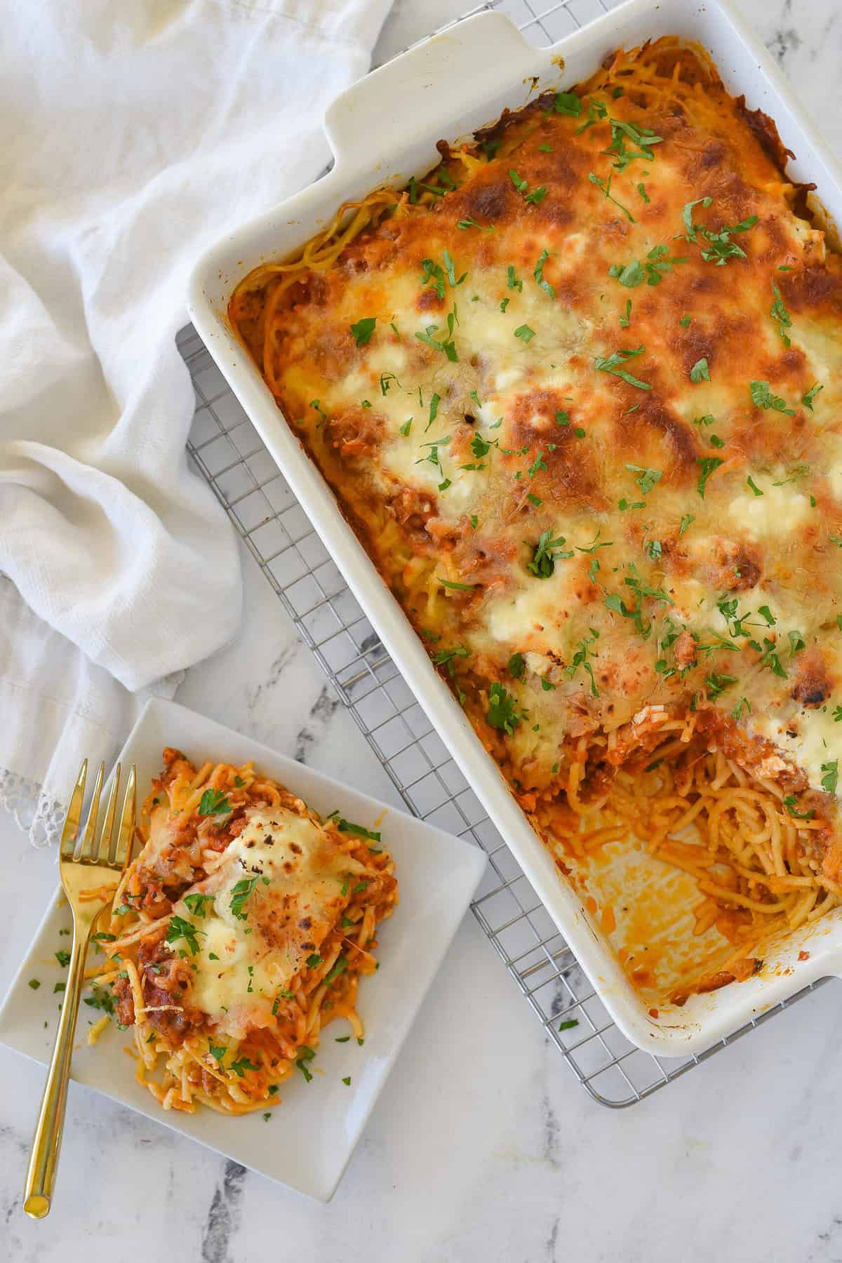 overhead shot of baked spaghetti