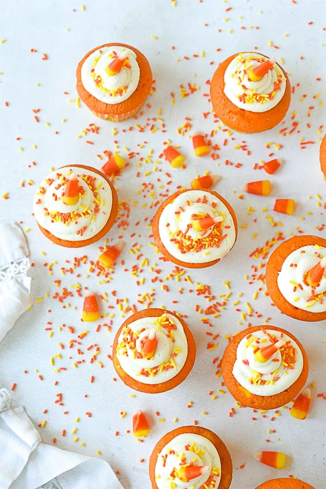 overhead shot of candy corn cupcakes