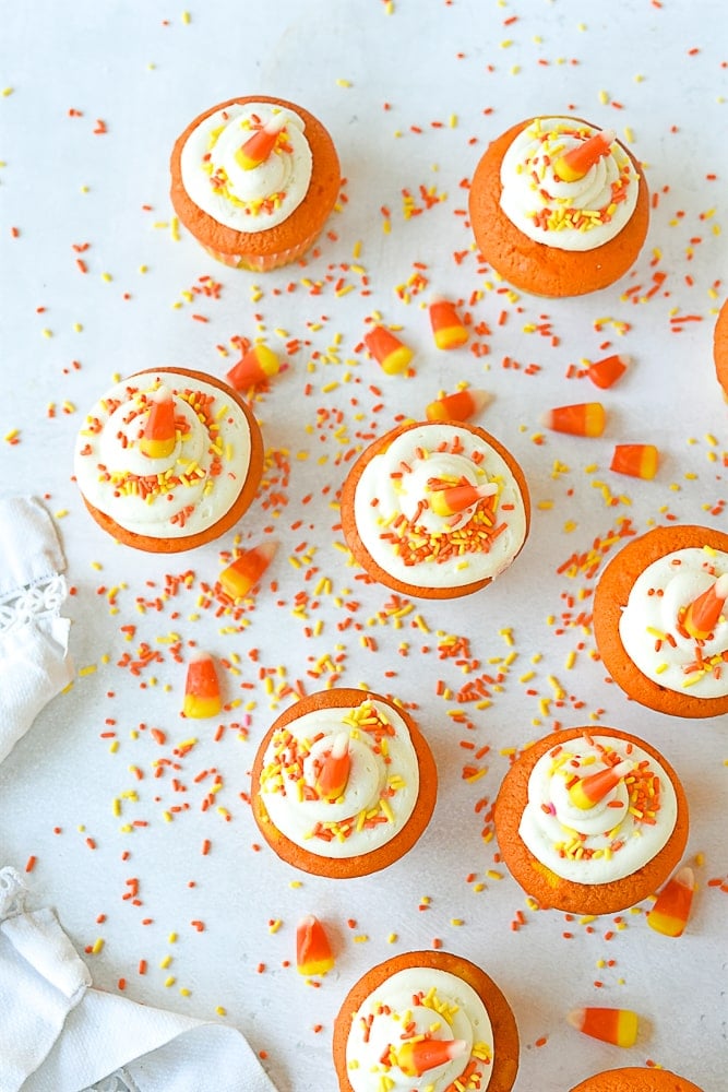 overhead shot of candy corn cupcakes