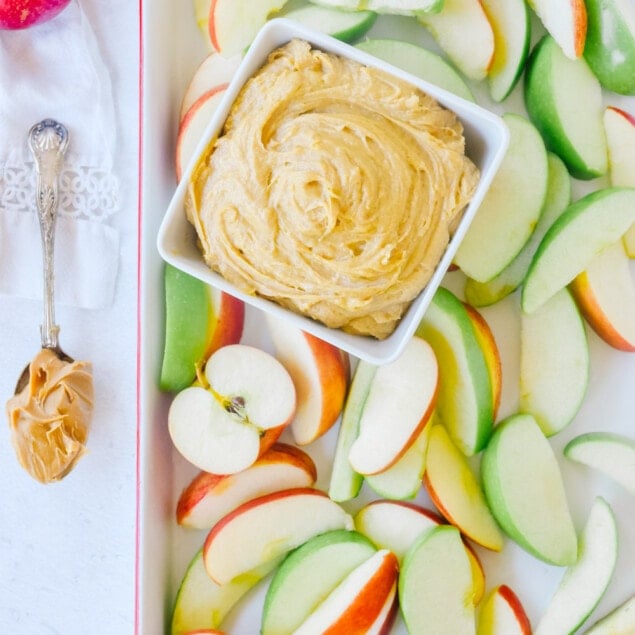 tray of apples with peanut butter dip