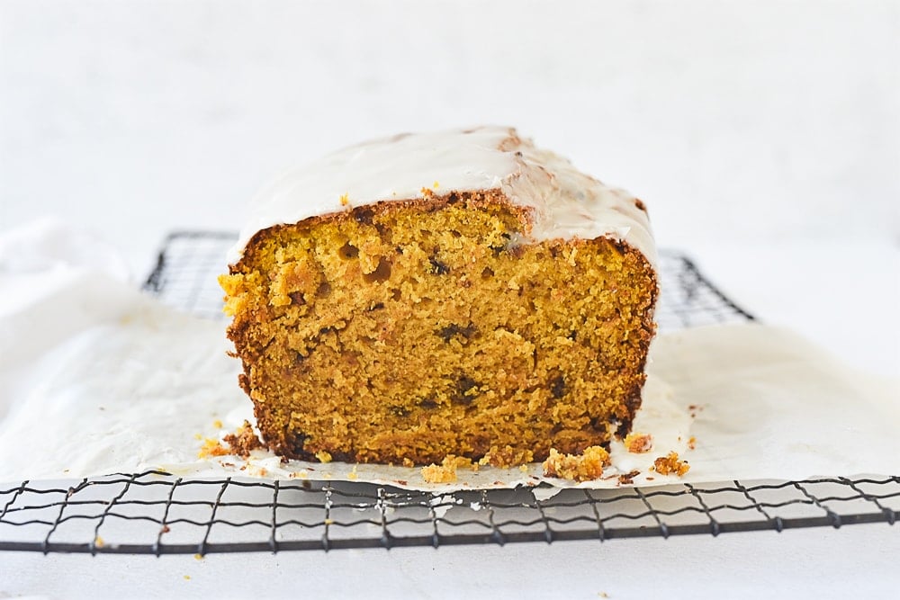 loaf of pumpkin bread with glaze