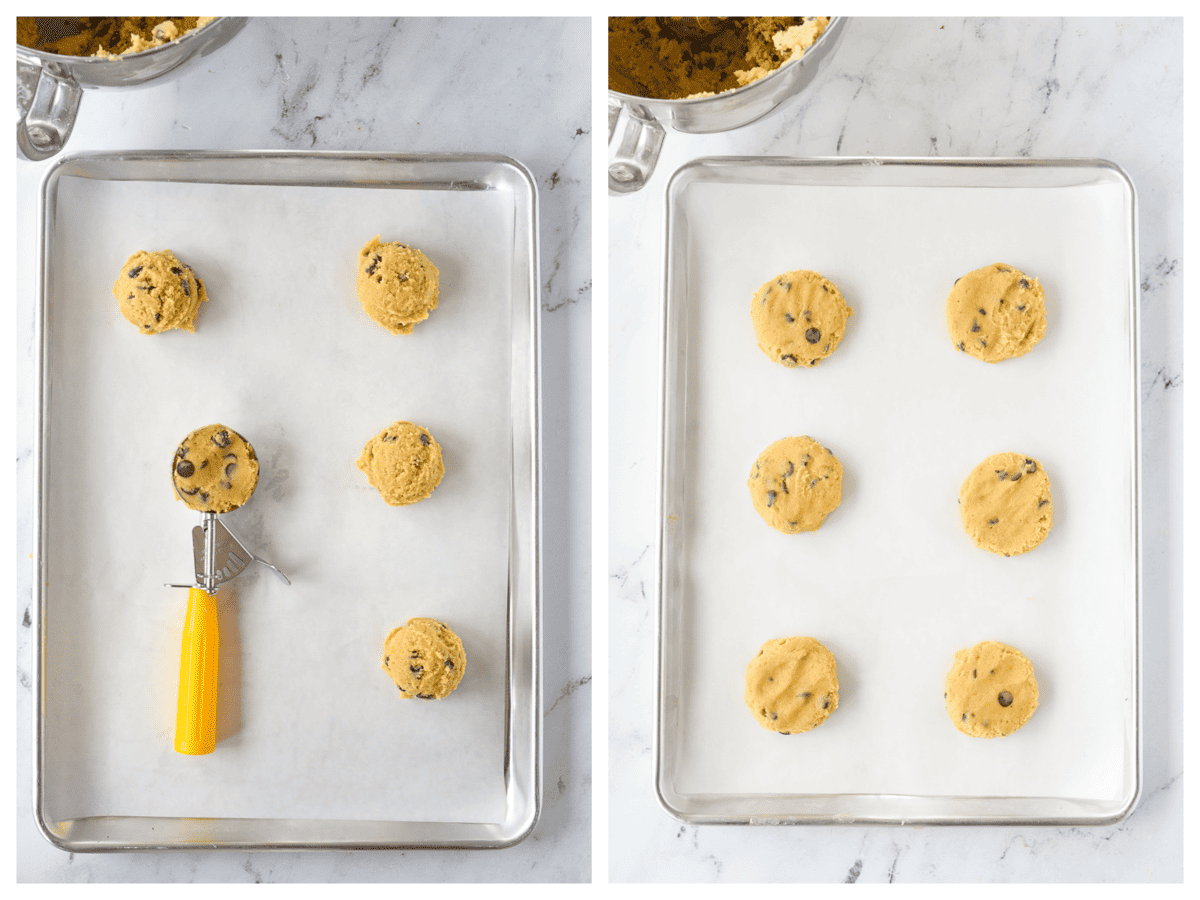scooping and flattening cookie dough on a baking sheet 