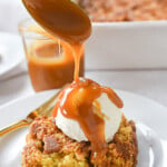 pouring caramel over pumpkin dump cake