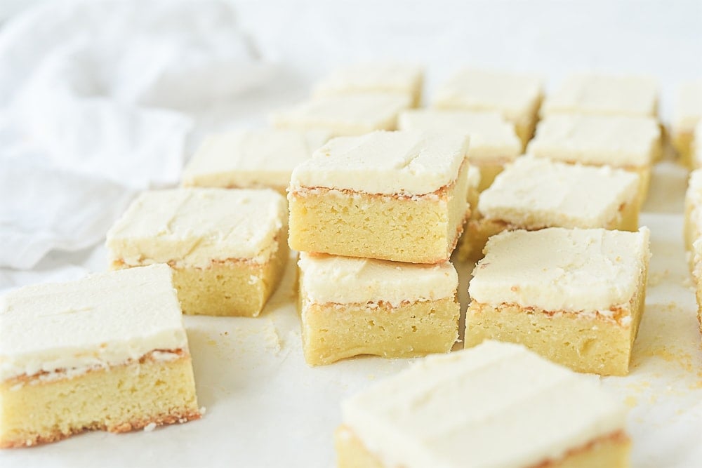 white chocolate brownies cut in squares