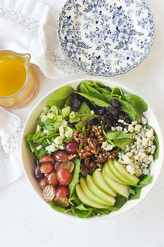 overhead shot of spinach salad