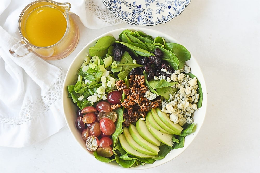 overhead shot of winter spinach salad