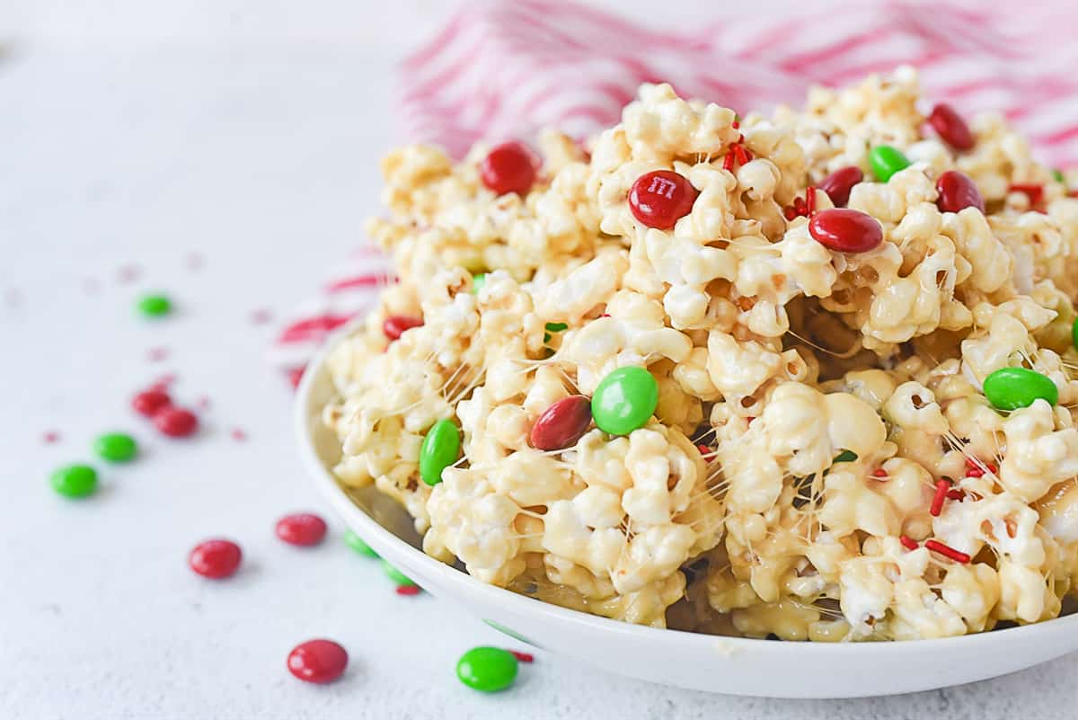 Christmas marshmallow popcorn in a bowl