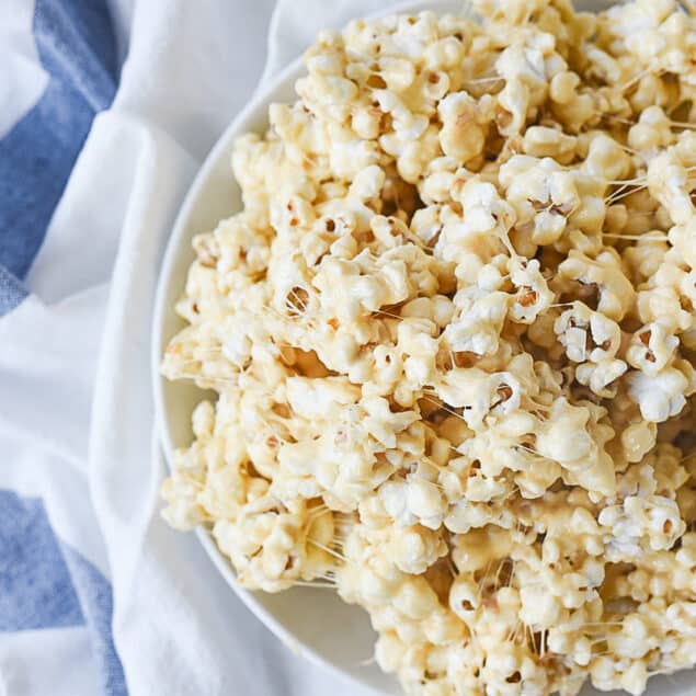 overhead shot of bowl of marshmallow popcorn