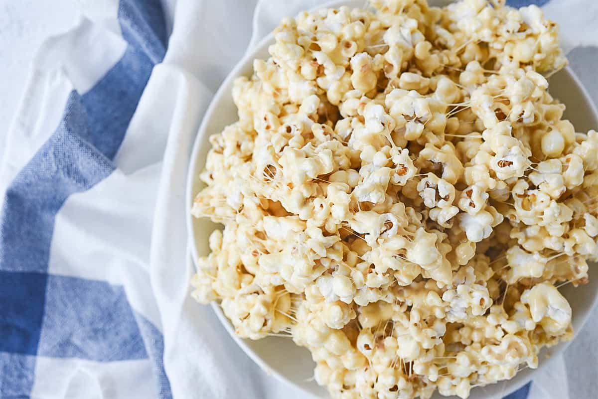 overhead shot of bowl of marshmallow popcorn