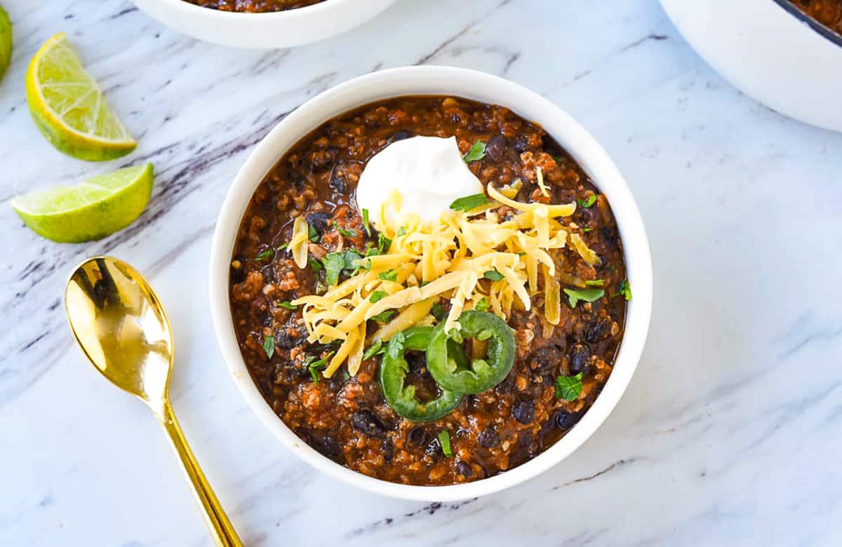 overhead shot of bowl of chili