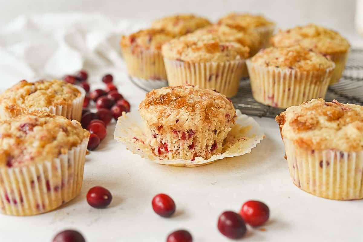 cranberry pineapple muffins on cooling rack