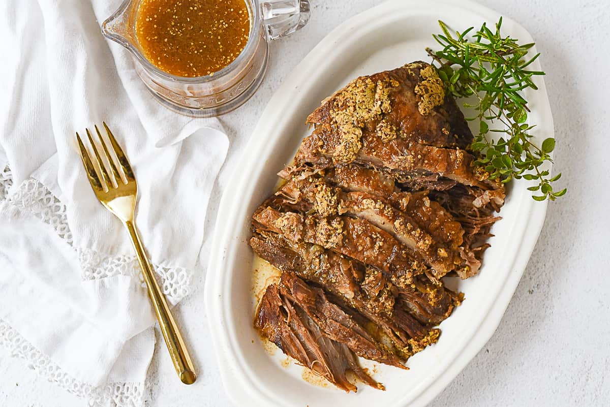 overhead shot of crock pot brisket