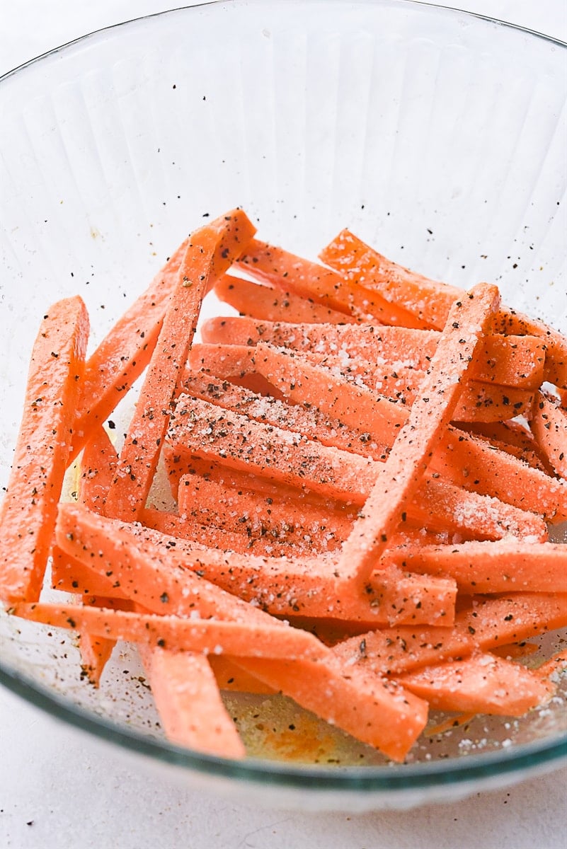 cut sweet potato fries in a bowl.