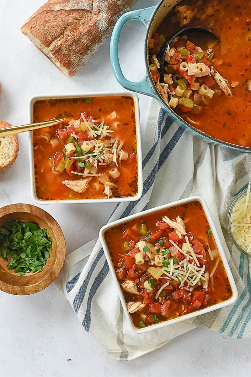 overhead shot of two bowls of turkey soup