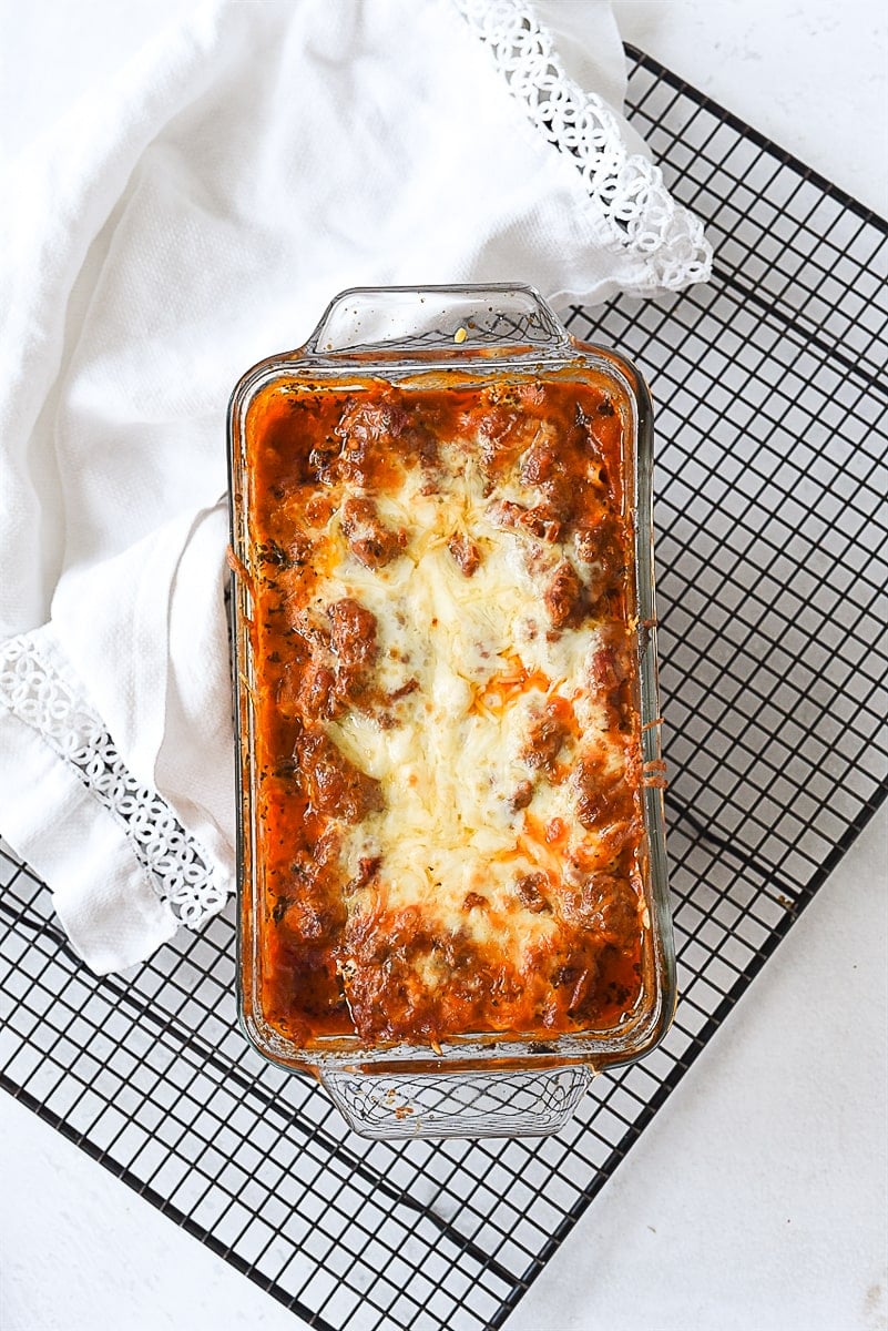 overhead shot of lasagna for two