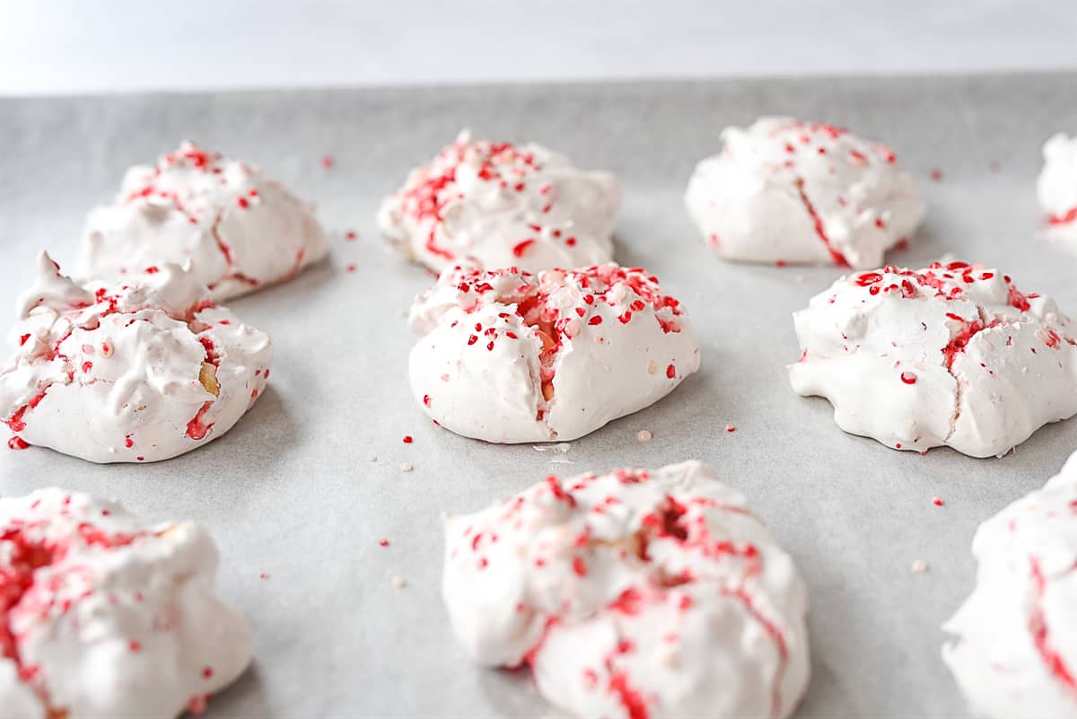 baking sheet of peppermint meringues