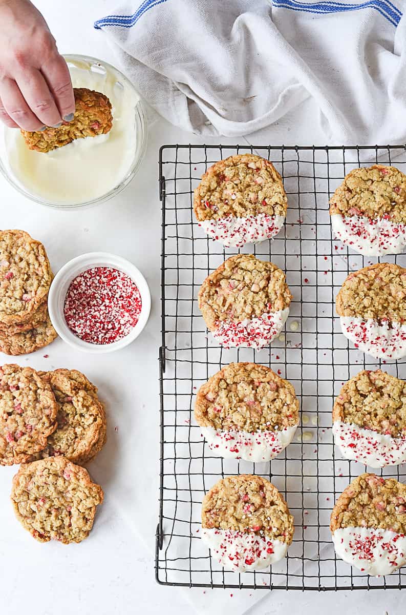 peppermint oatmeal cookies dipped in white chocolate