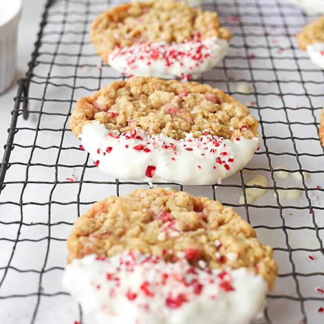 peppermint oatmeal cookies on a baking rack