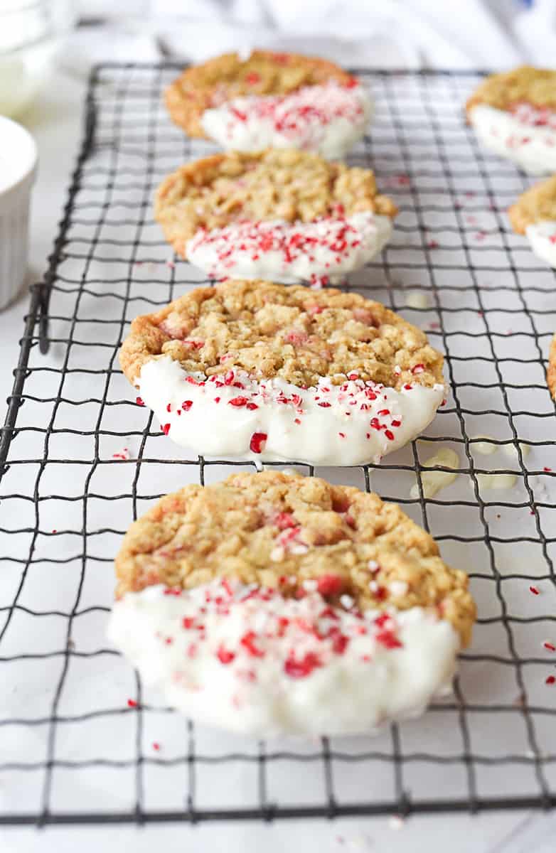 peppermint oatmeal cookies on a baking rack