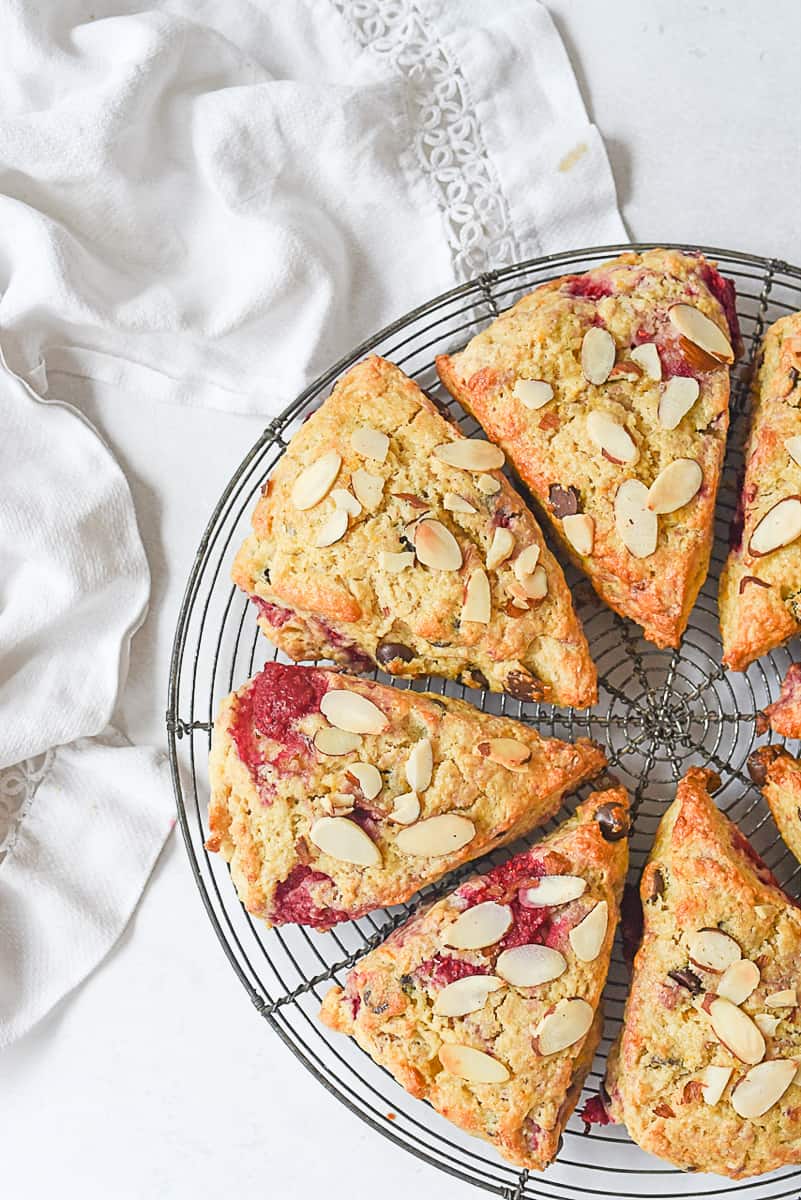 overhead shot of raspberry chocolate scones