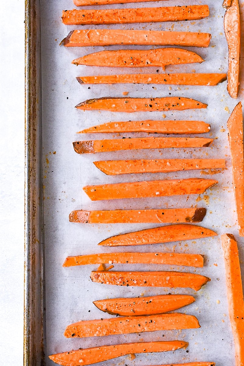 potato fries on a baking sheet