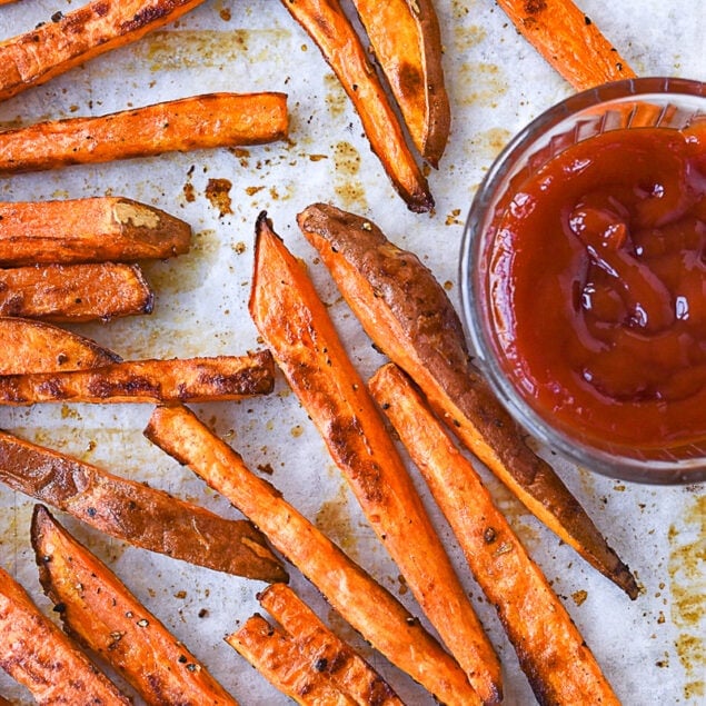 overhead shot of sweet potato fries