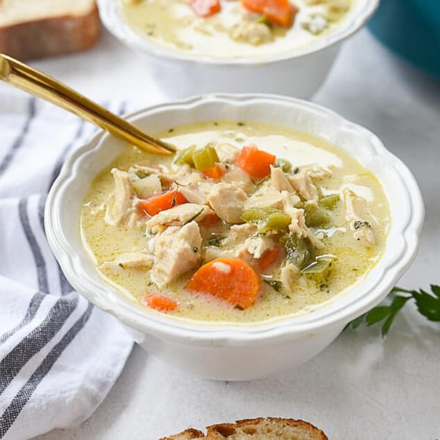 two bowls of turkey bisque soup