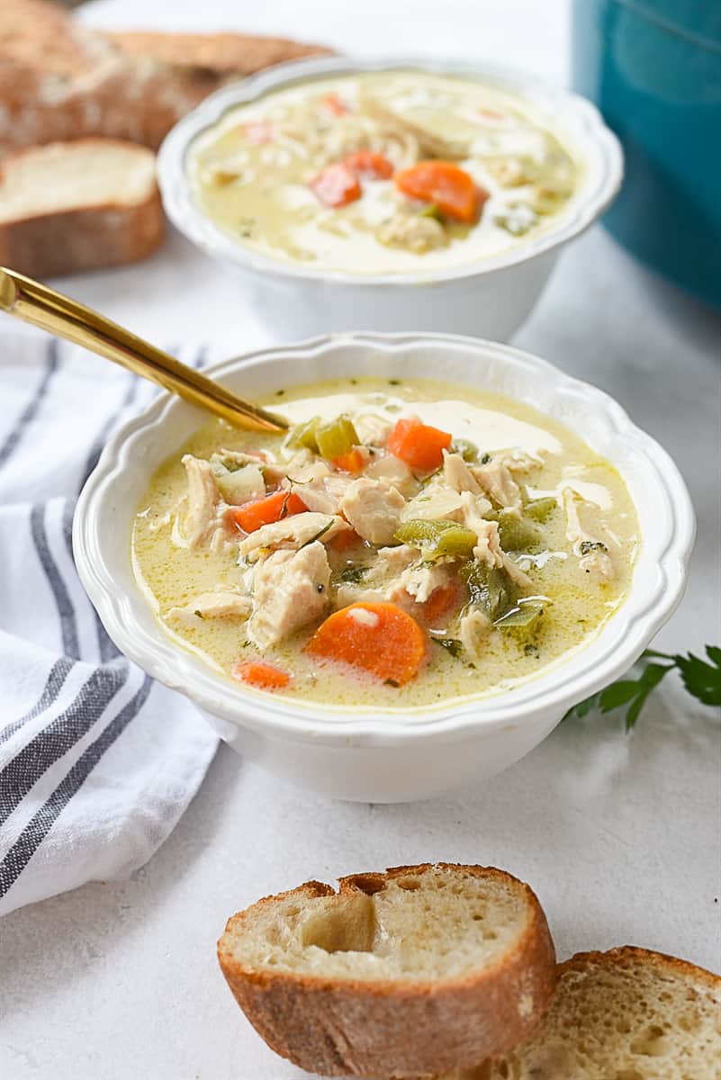two bowls of turkey bisque soup