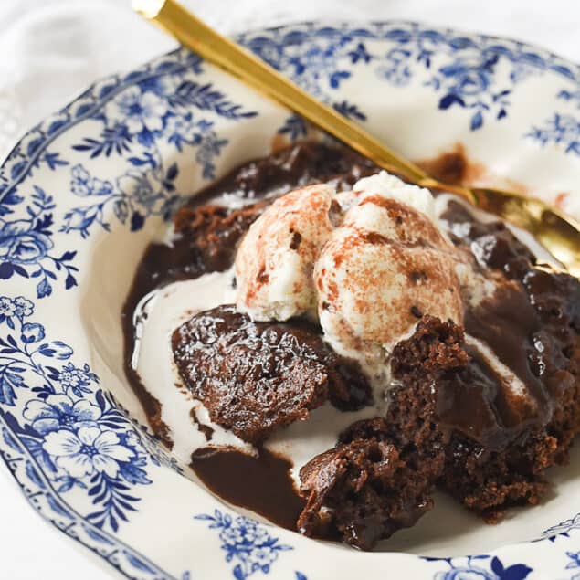 hot fudge cake with ice cream.