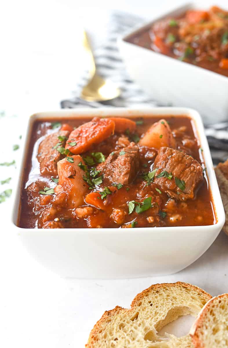 closeup of a beef and barley soup