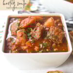 white bowl of beef soup