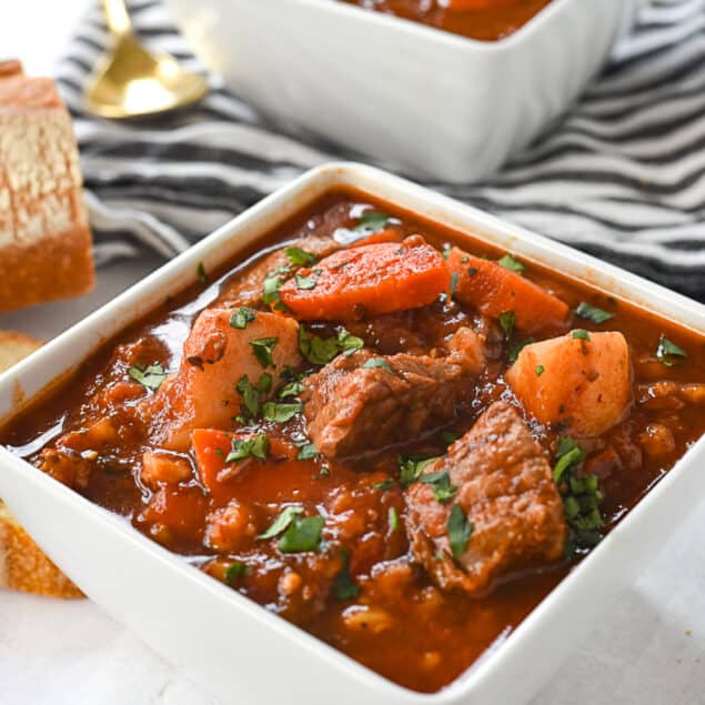 two bowls of beef and barley soup