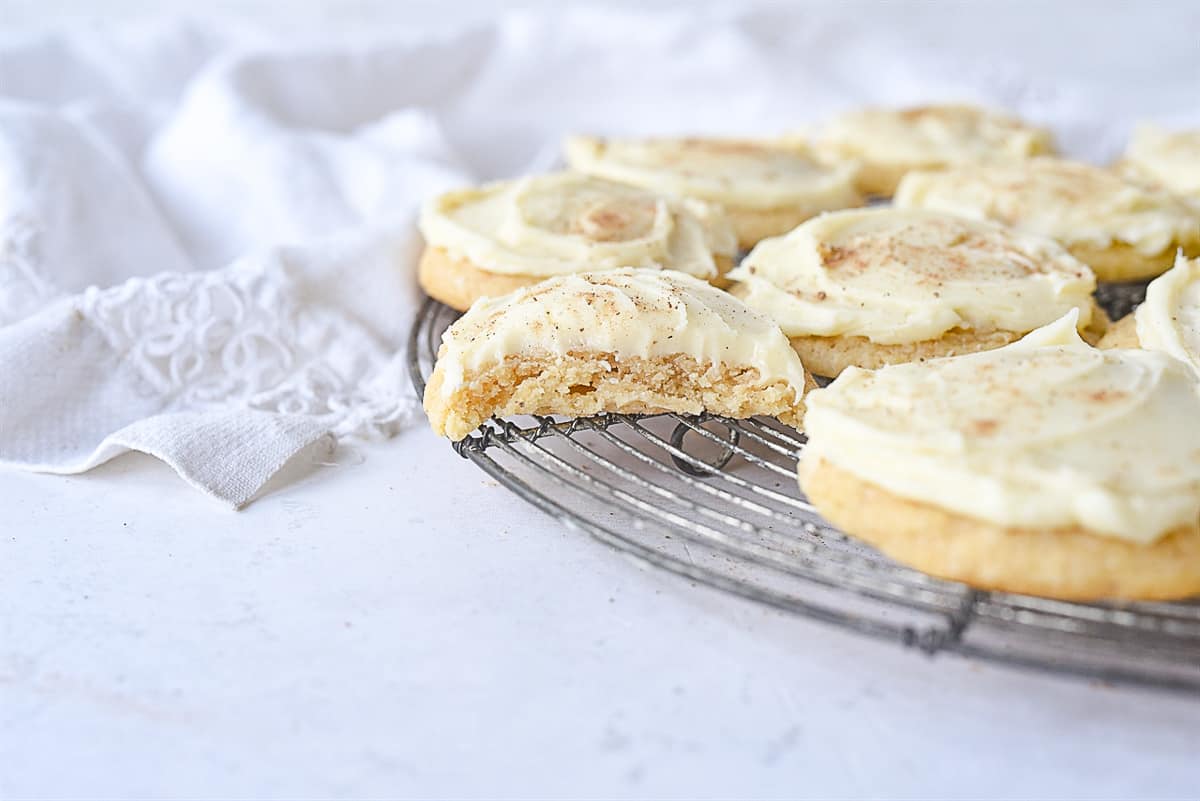 egg nog cookie with a bite out of it