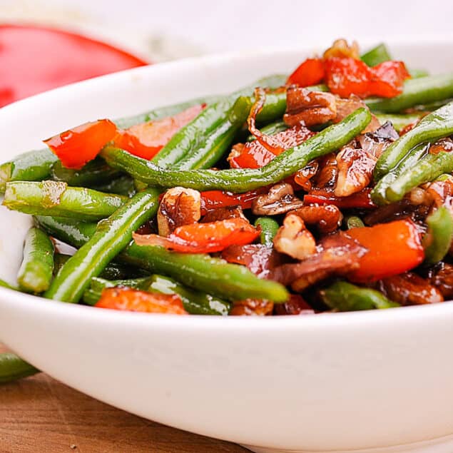 Green Beans with Pecans, Red Peppers and onions
