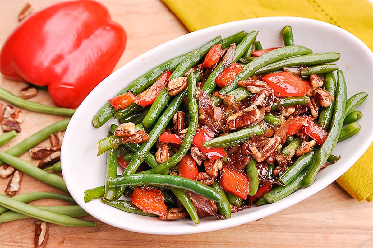 Green Beans with Pecans, Red Peppers and onions