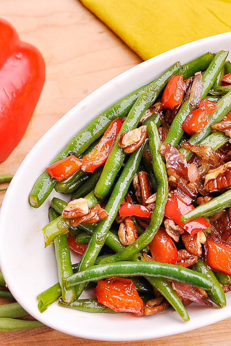 Green Beans with Pecans, Red Peppers and onions