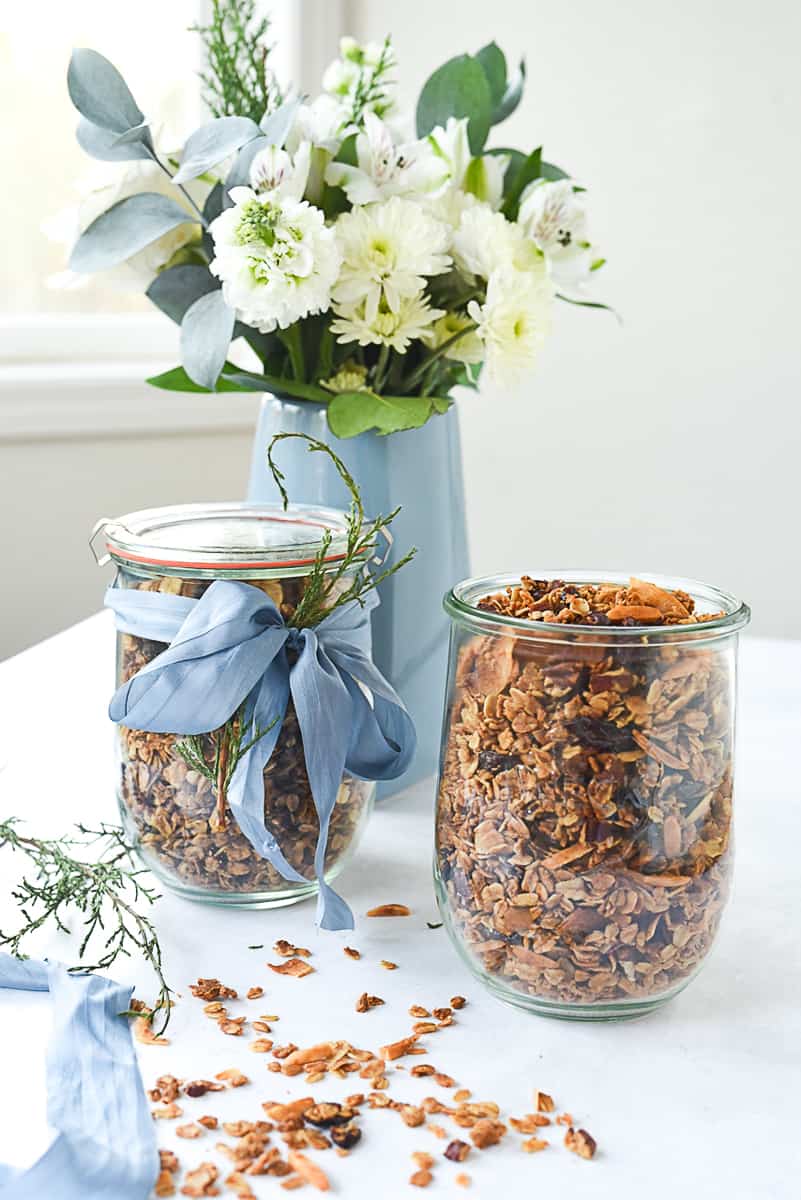 bouquet of flowers and jars of granola