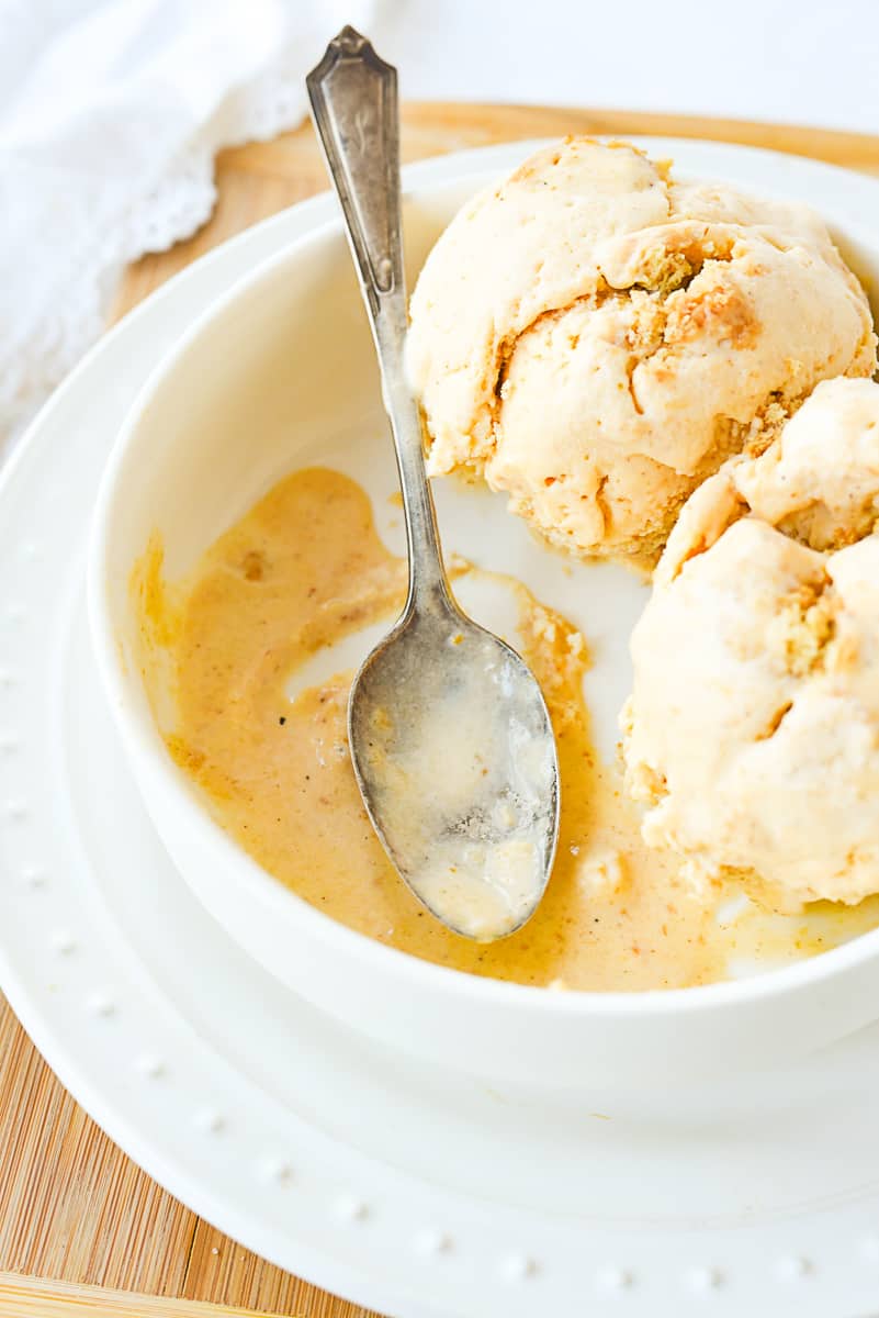 spoon in a bowl of pumpkin ice cream